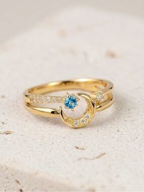 14K Gold Plated Moon & Star Stacking Ring Set 2 Pcs | Blue & White CZ Midi Rings